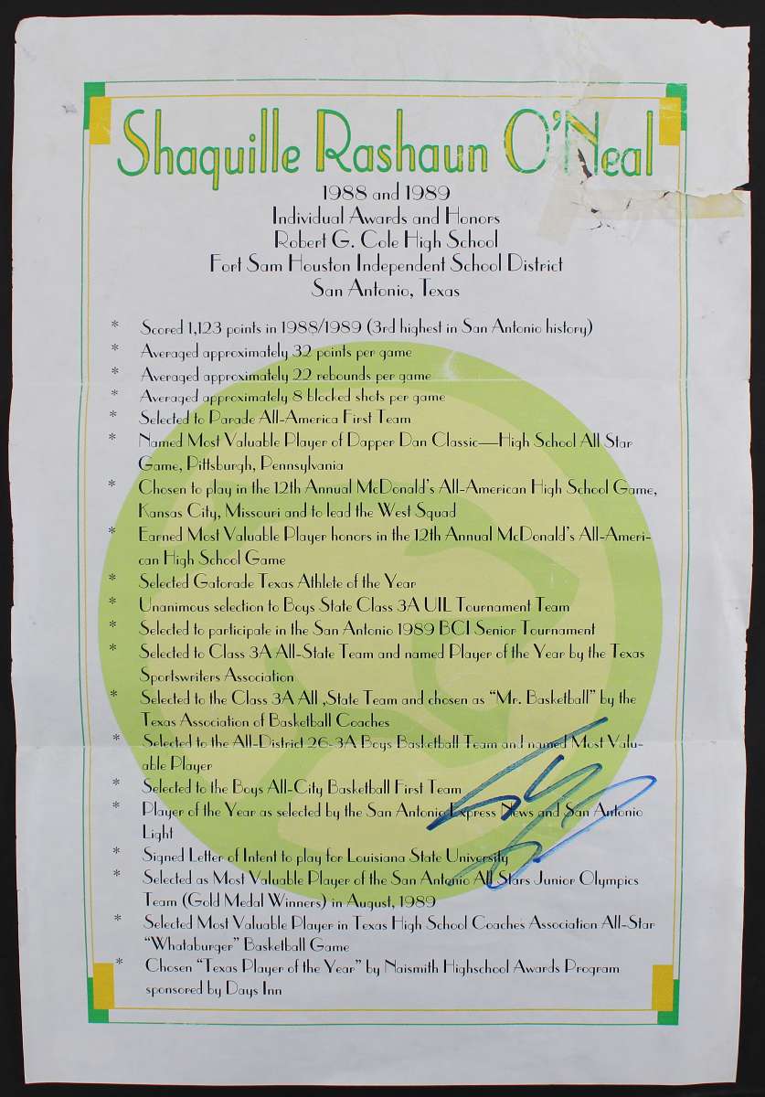 
Shaquille O'Neal Signed 12x17.75 High School Awards Poster BAS Witness #WP79154