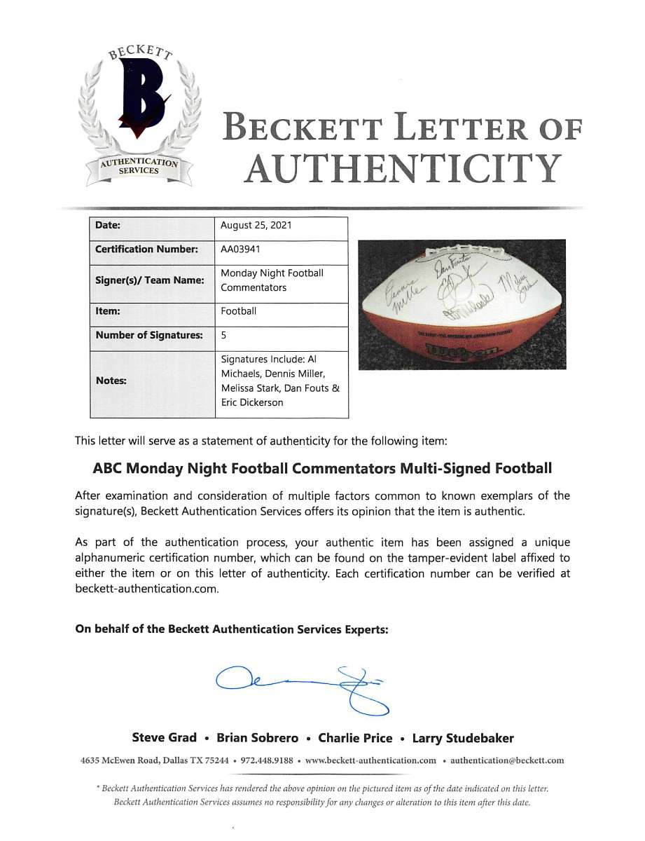 
MNF (5) Michaels, Miller, Stark +2 Signed White Panel Nfl Football BAS #AA03941