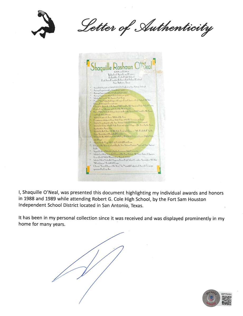 
Shaquille O'Neal Signed 12x17.75 High School Awards Poster BAS Witness #WP79154