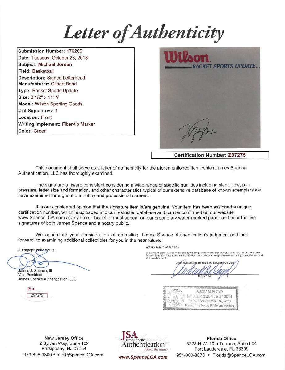 
Bulls Michael Jordan Signed 8.5x11 Wilson Racket Sports Letterhead JSA #Z97275