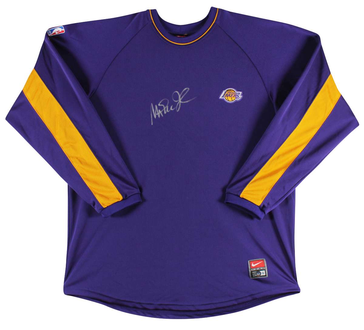 
Lakers Magic Johnson Authentic Signed Purple Nike Warmup Shirt BAS Wit #W205616