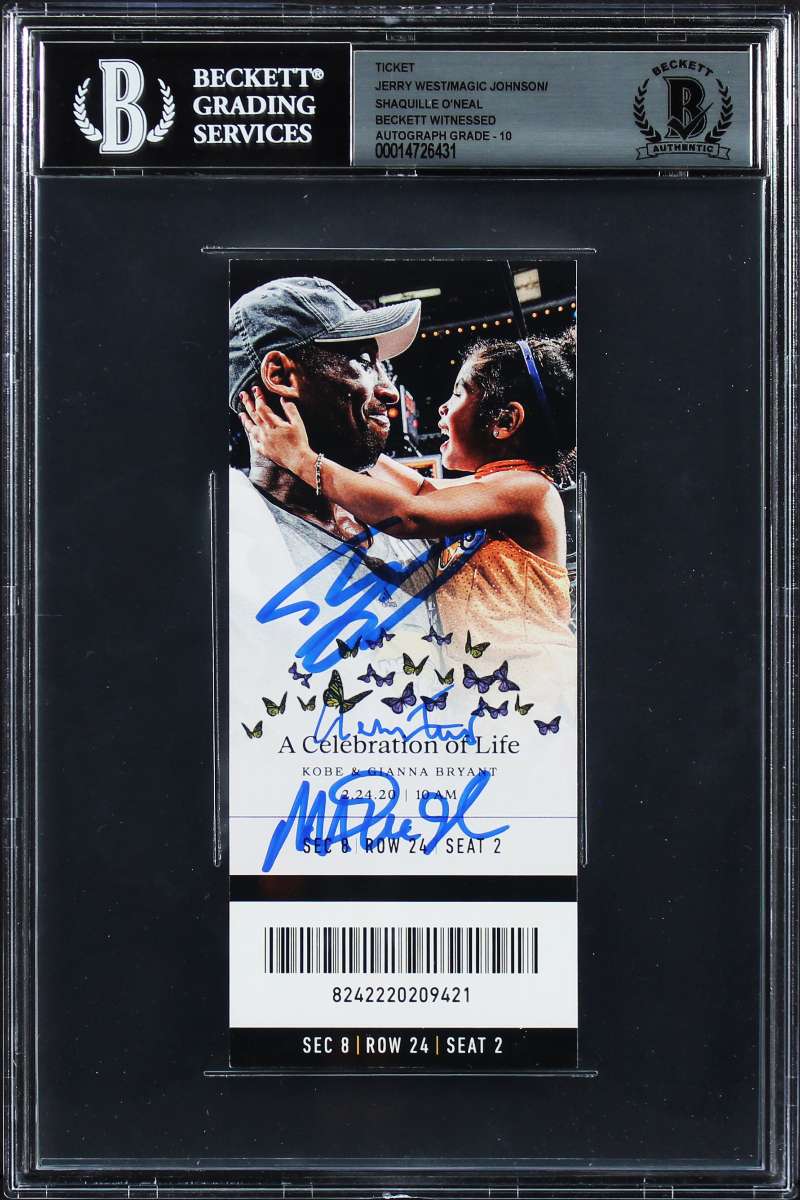 
(3) Magic, Shaquille & West Signed Kobe Bryant COL Ticket Stub Auto 10! BAS Slab