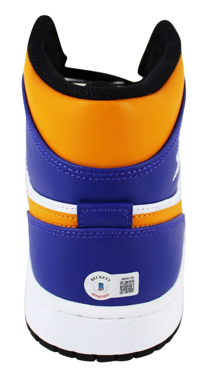 
Magic Johnson Signed Right Nike Air Jordan 1 2022 Lakers Shoe w/ Case BAS Wit