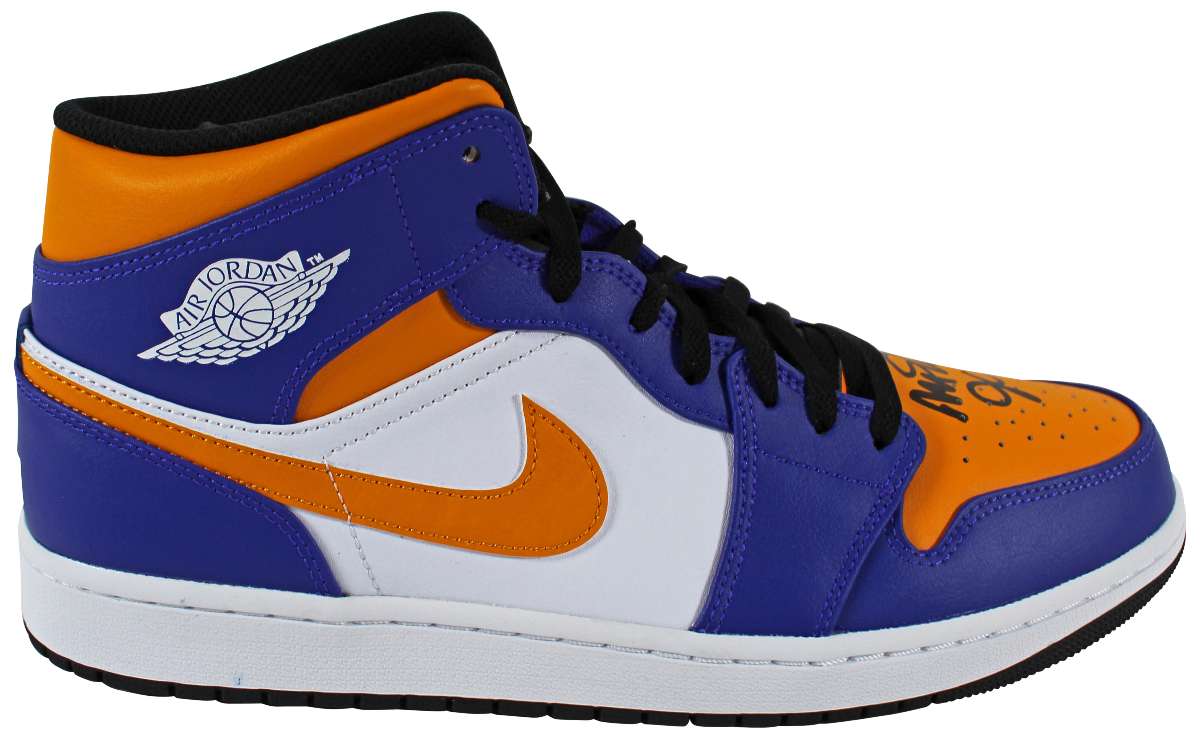 
Magic Johnson Signed Right Nike Air Jordan 1 2022 Lakers Shoe w/ Case BAS Wit