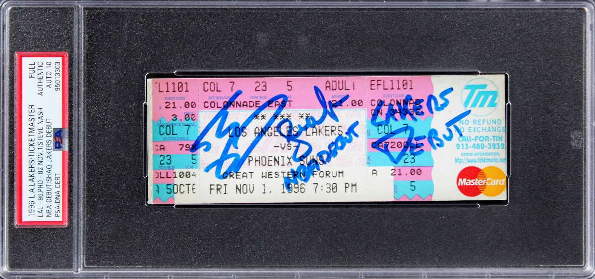 
Shaquille O'Neal & Steve Nash Signed 11/1/96 Full Ticket Stub Auto 10 PSA Slab 1