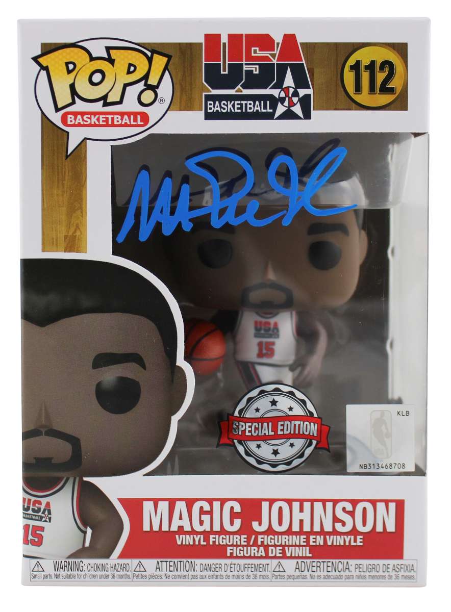 
Lakers Magic Johnson Signed USA #112 Funko Pop Vinyl Figure w/ Blue Sig BAS Wit