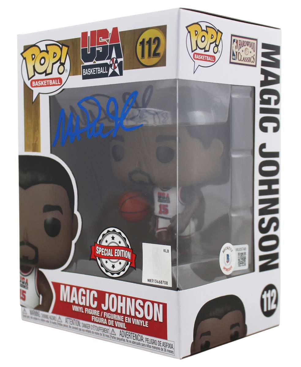 
Lakers Magic Johnson Signed USA #112 Funko Pop Vinyl Figure w/ Blue Sig BAS Wit