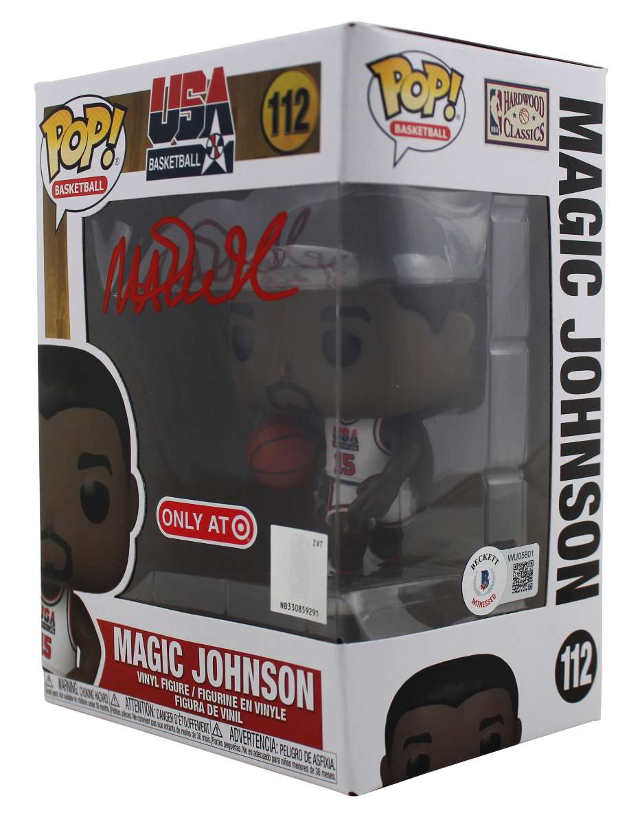 
Lakers Magic Johnson Signed USA #112 Funko Pop Vinyl Figure w/ Red Sig BAS Wit