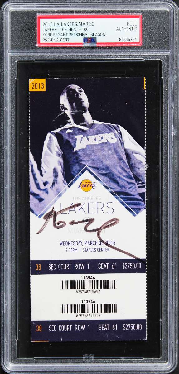 
Lakers Kobe Bryant Signed 2016 Final Season Full Ticket Stub PSA Slabbed