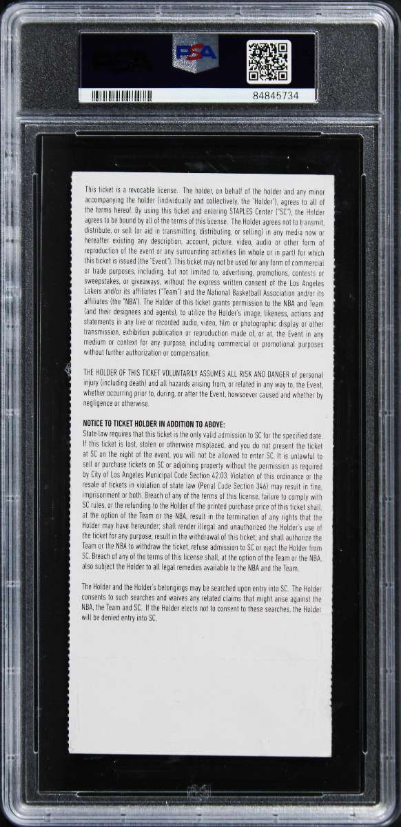 
Lakers Kobe Bryant Signed 2016 Final Season Full Ticket Stub PSA Slabbed