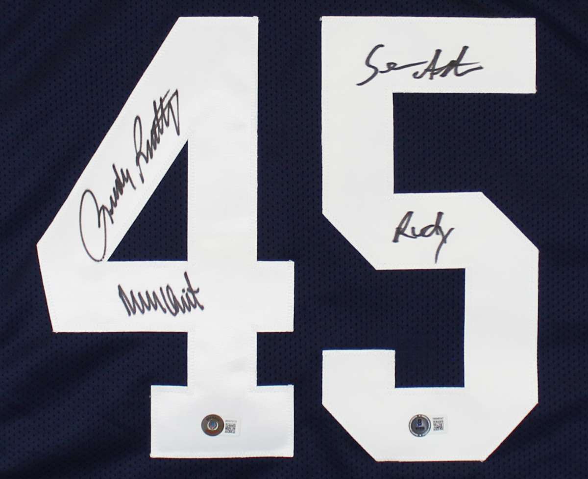 
Notre Dame Rudy Ruettiger & Sean Astin Signed Navy Pro Style Jersey BAS Witness