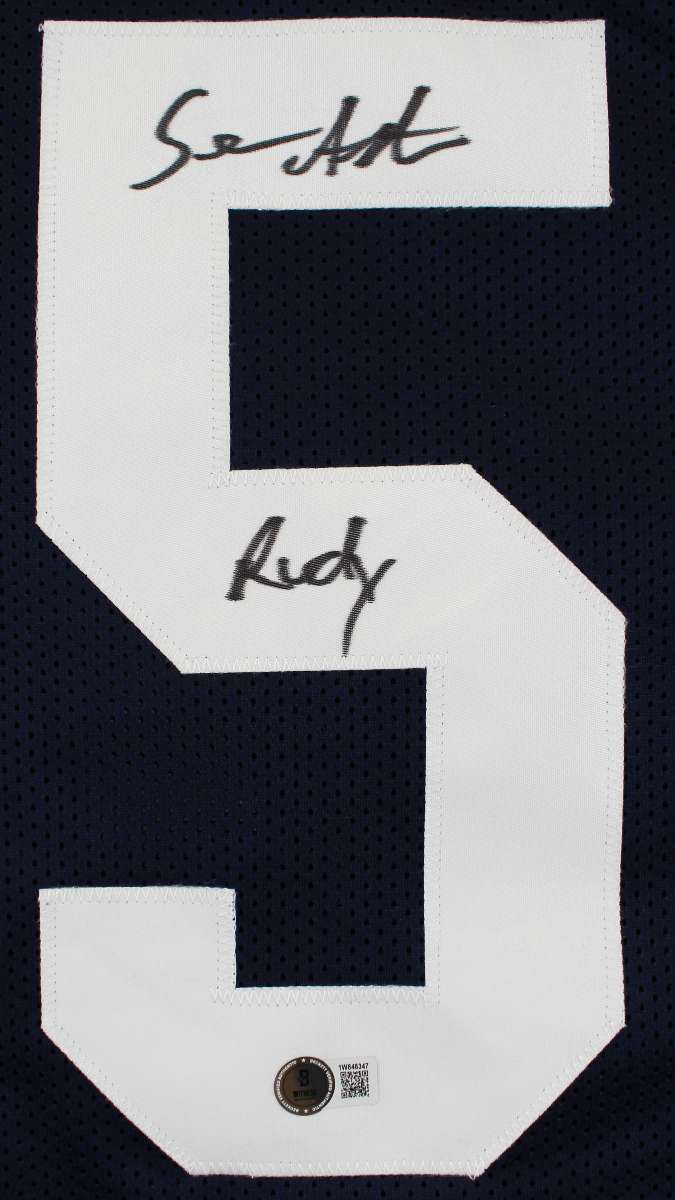 
Notre Dame Rudy Ruettiger & Sean Astin Signed Navy Pro Style Jersey BAS Witness