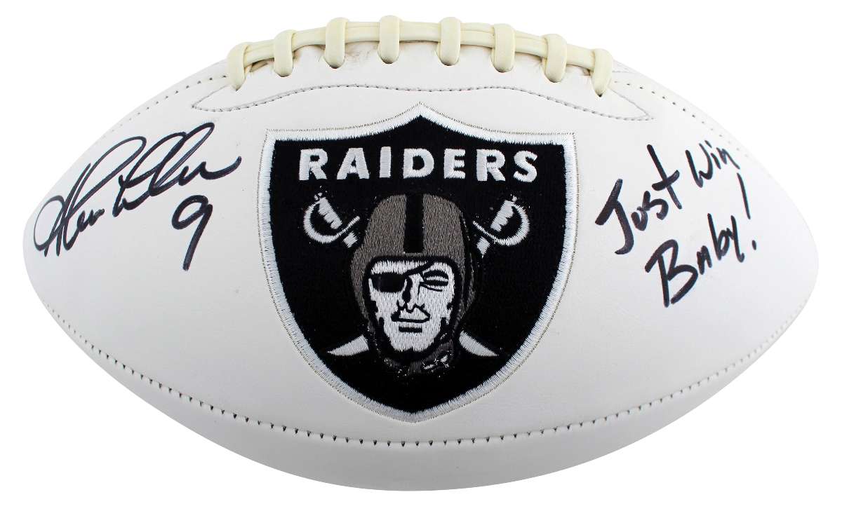 
Raiders Shane Lechler Just Win Baby Signed White Panel Logo Football BAS Witness