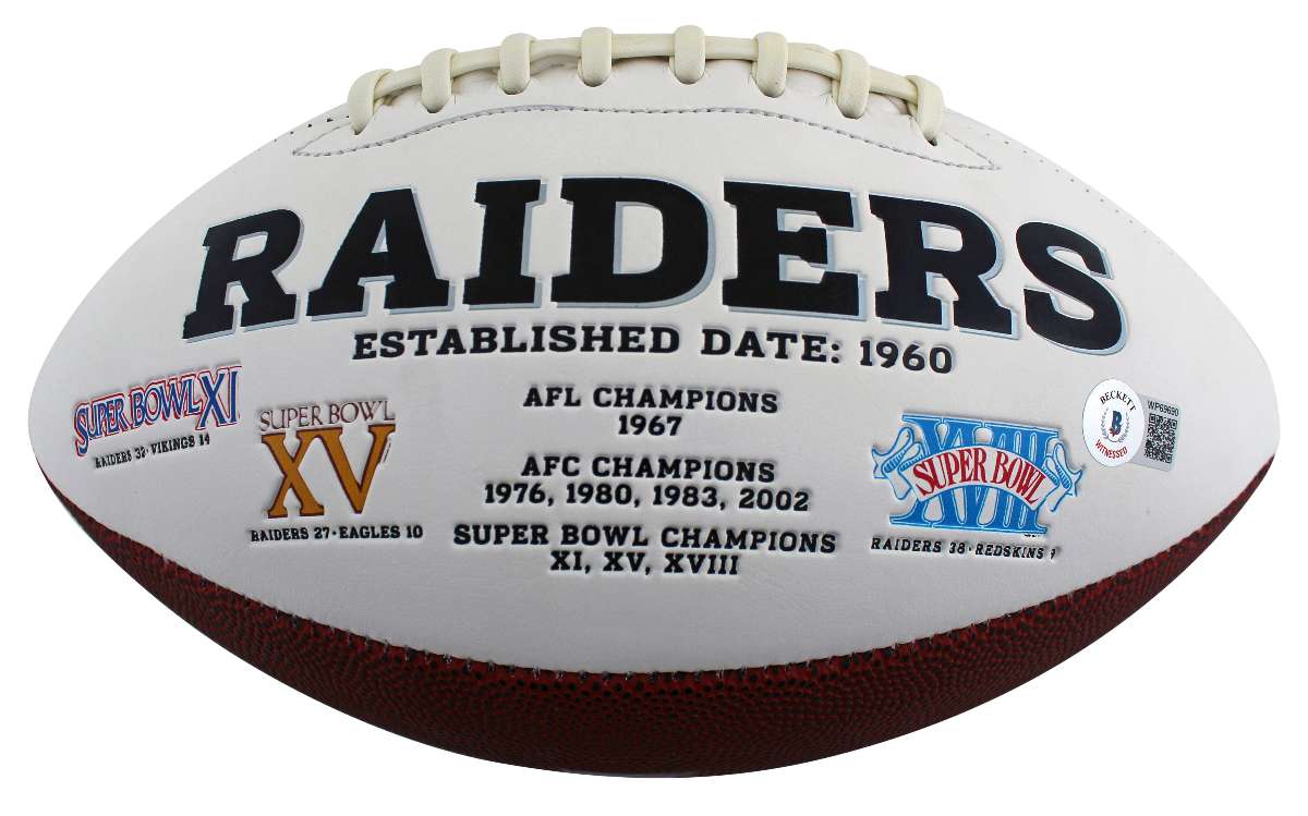 
Raiders Shane Lechler Just Win Baby Signed White Panel Logo Football BAS Witness