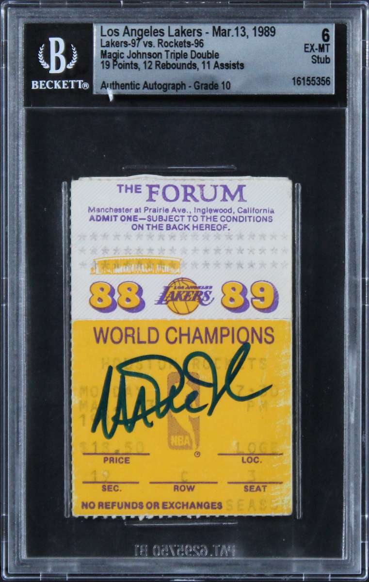 
Magic Johnson Signed 3/13/89 LAL Vs HOU Ticket EX-MT 6, Auto 10! BAS Slabbed