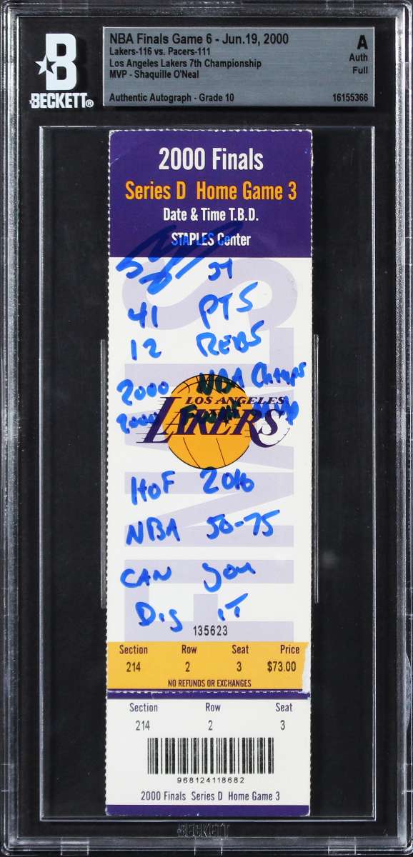 
Shaquille O'Neal 8x Insc Signed 2000 NBA Finals Game 6 Ticket Auto 10 BAS Slab 1