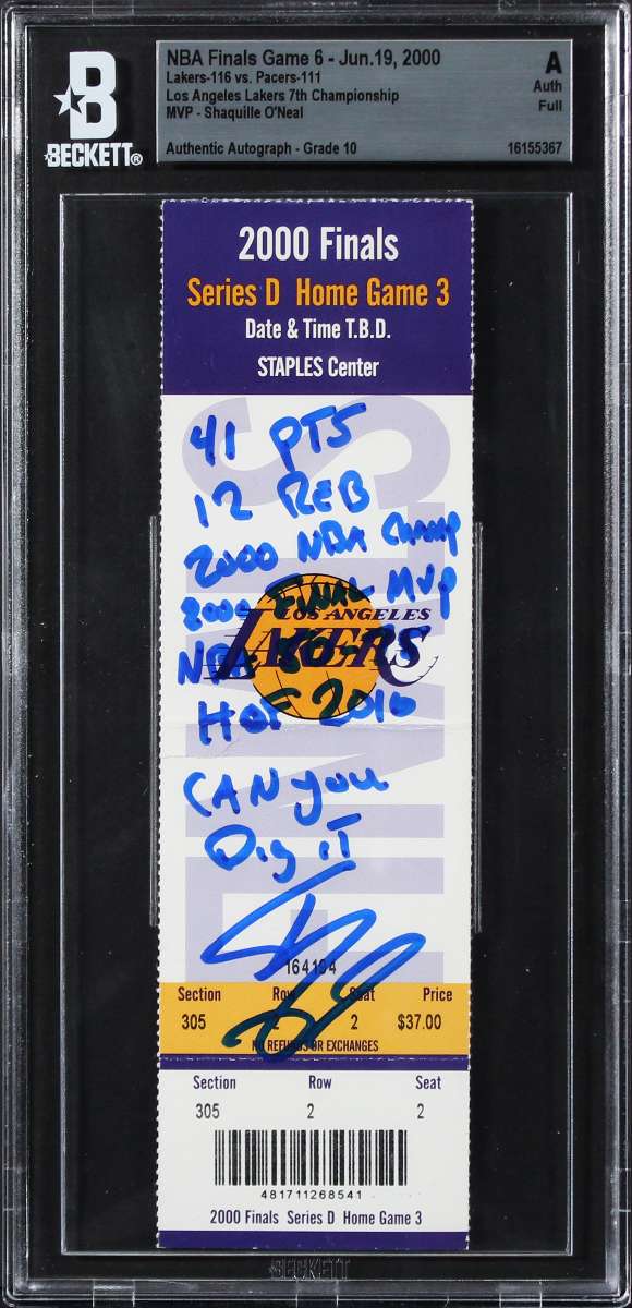 
Shaquille O'Neal 8x Insc Signed 2000 NBA Finals Game 6 Ticket Auto 10 BAS Slab 3