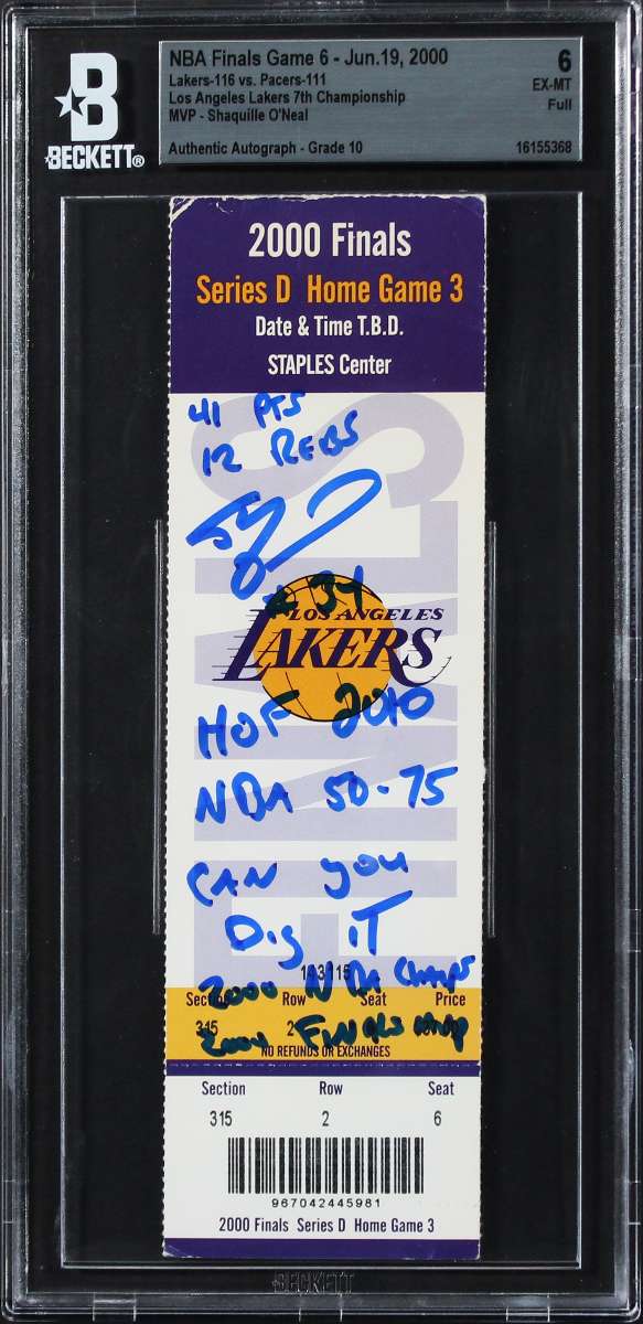 
Shaquille O'Neal Signed 2000 NBA Finals Game 6 Ticket Ex-MT 6 Auto 10 BAS Slab 1