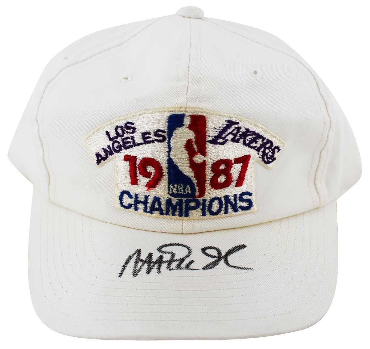 
Lakers Magic Johnson Signed 1987 World Champions White Hat BAS Witness #W426873