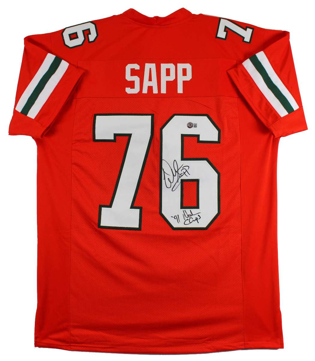 
Miami Warren Sapp 1991 Ntnl Champs Signed Orange Pro Style Jersey BAS Witnessed