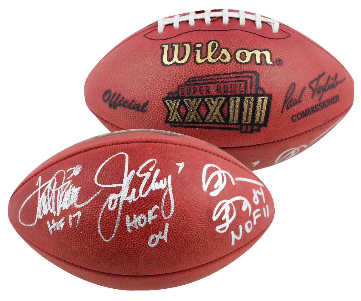 
Broncos (3) Elway, Sharpe & Davis Signed SB XXXIII Logo Duke Nfl Football BAS W