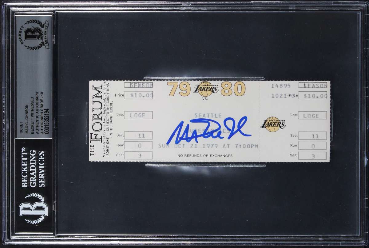 
Magic Johnson Signed 10/21/1979 Supersonics Vs. Lakers Ticket Auto 10! BAS Slab