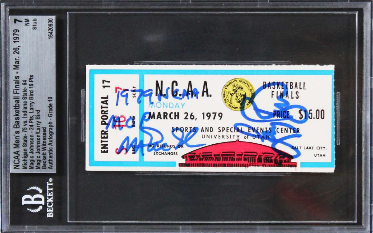 
Magic Johnson Larry Bird Signed 1979 NCAA Finals Ticket Grade 7 Auto 10 BAS Slab