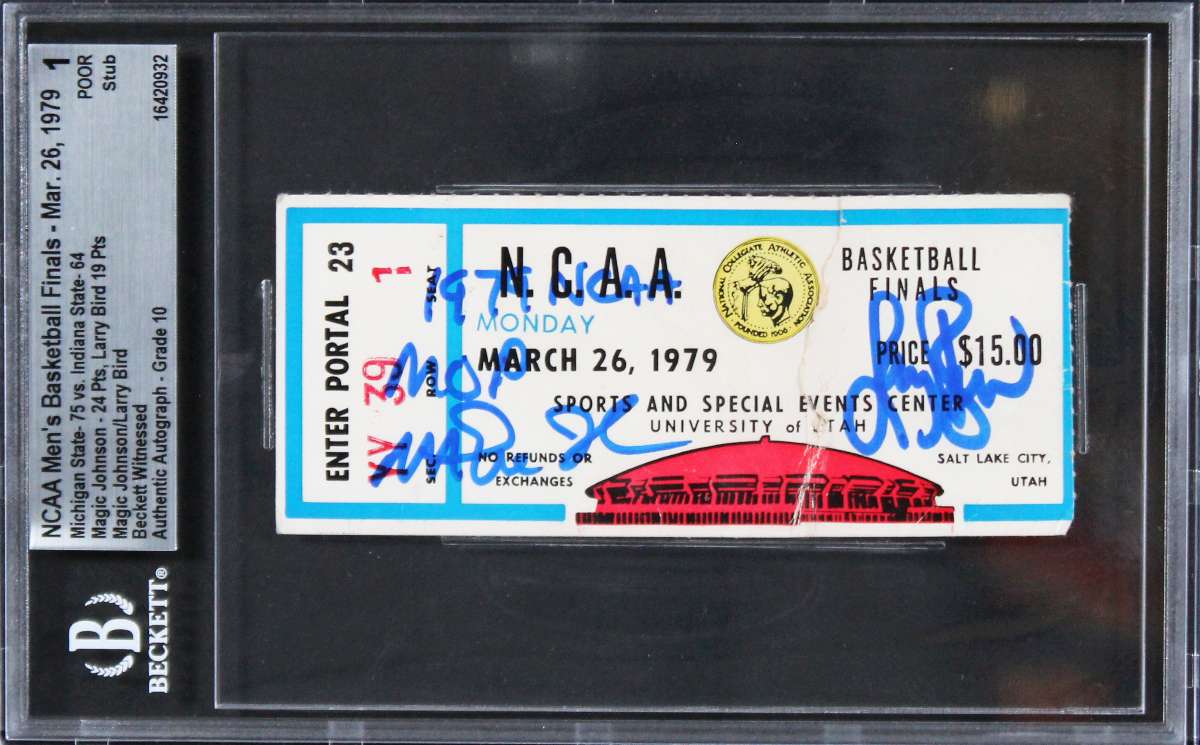 
Magic Johnson Larry Bird Signed 1979 NCAA Finals Ticket Grade 1 Auto 10 BAS Slab