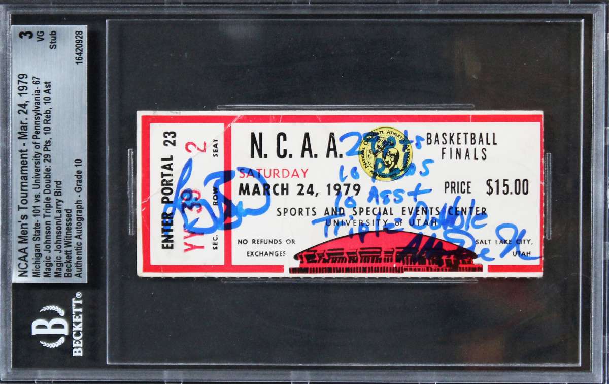 
Magic Johnson & Larry Bird Signed 1979 NCAA Finals Ticket VG 3 Auto 10 BAS Slab