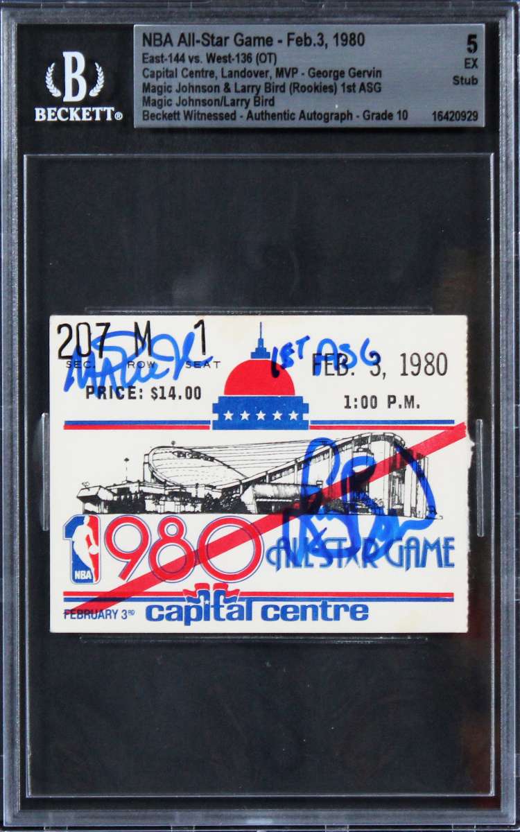 
Magic Johnson & Larry Bird 1980 NBA ASG Ticket Grade 5 Auto Grade 10! BAS Slab