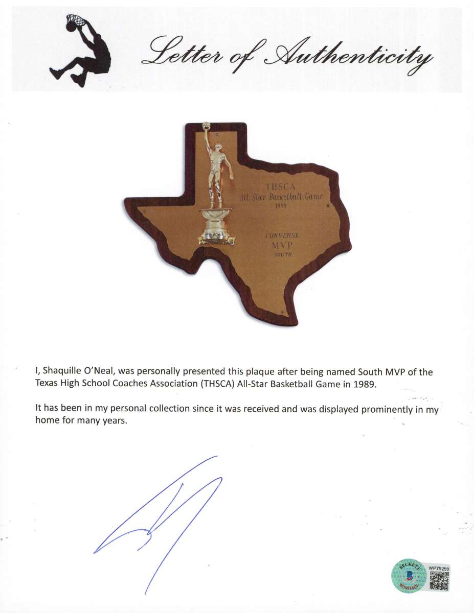 
Lakers Shaquille O'Neal 1989 THSCA All-Star Basketball Game MVP Plaque BAS Wit