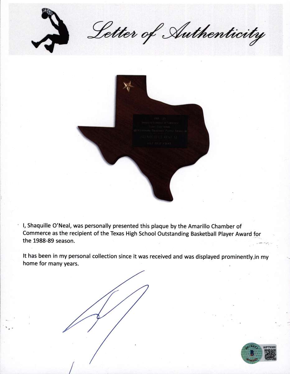 
Shaquille O'Neal 1989 Texas HS Outstanding Basketball Player Award Plaque BAS W