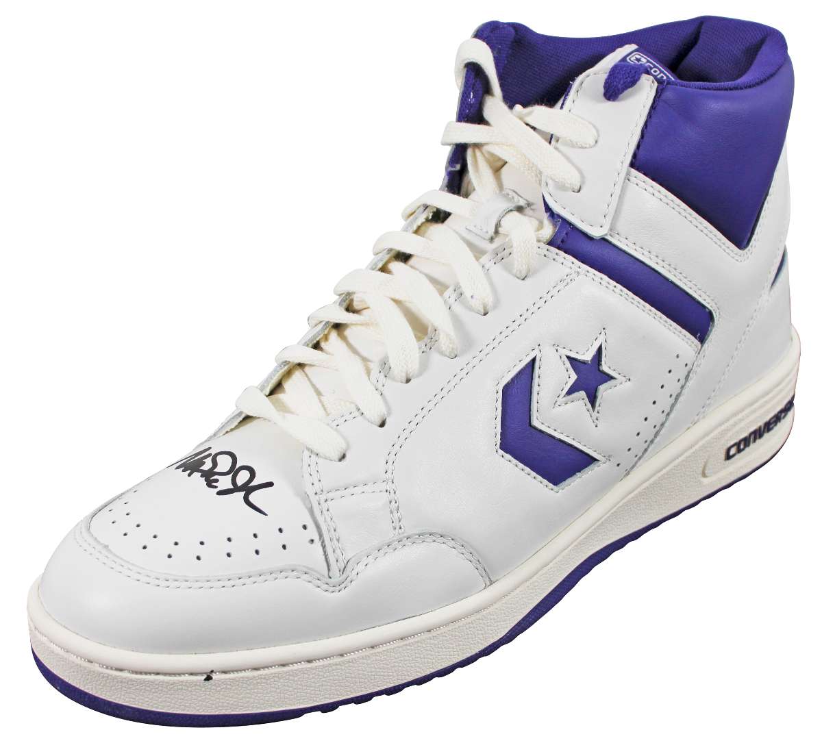 
Lakers Magic Johnson Signed Left Purple & White Converse Weapon Shoe BAS Wit 2