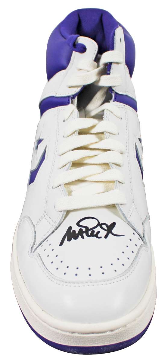 
Magic Johnson Signed Right Purple & White Converse Weapon Shoe W/ Case BAS Wit 2