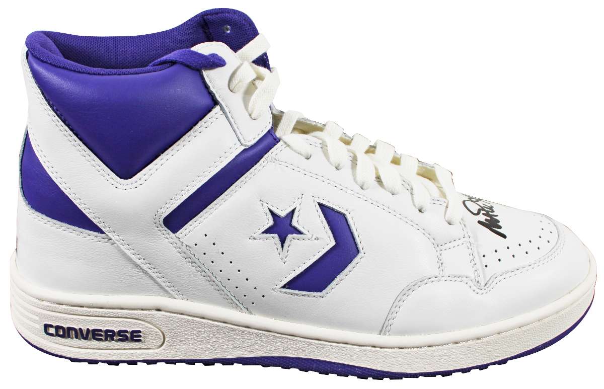 
Magic Johnson Signed Right Purple & White Converse Weapon Shoe W/ Case BAS Wit 2