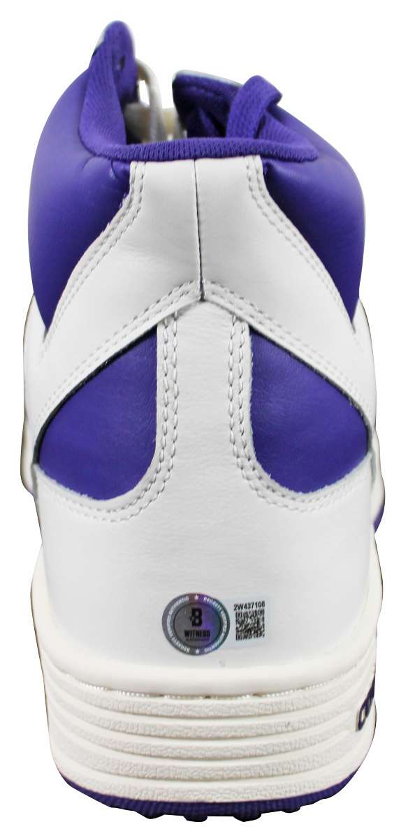
Magic Johnson Signed Right Purple & White Converse Weapon Shoe W/ Case BAS Wit 2