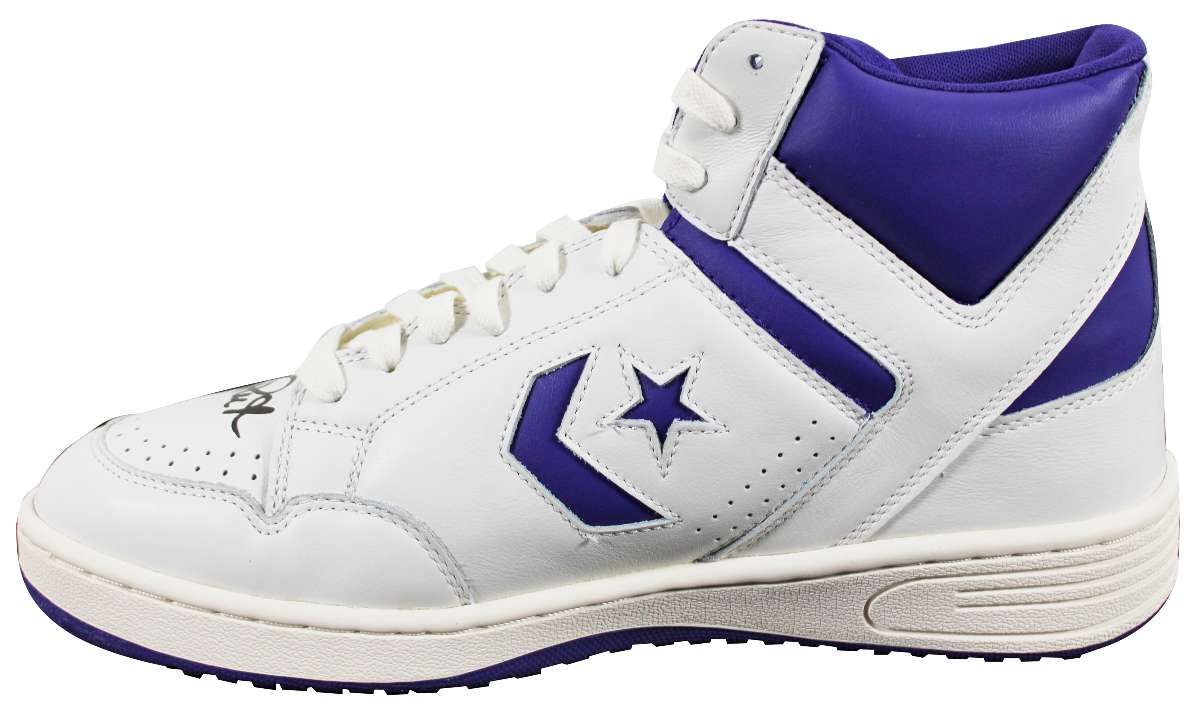 
Magic Johnson Signed Right Purple & White Converse Weapon Shoe W/ Case BAS Wit 2