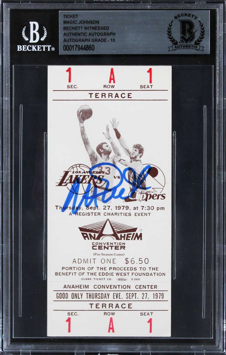 
Lakers Magic Johnson Signed 9/27/79 LAL Vs LAC Ticket Stub Auto 10! BAS Slab 1