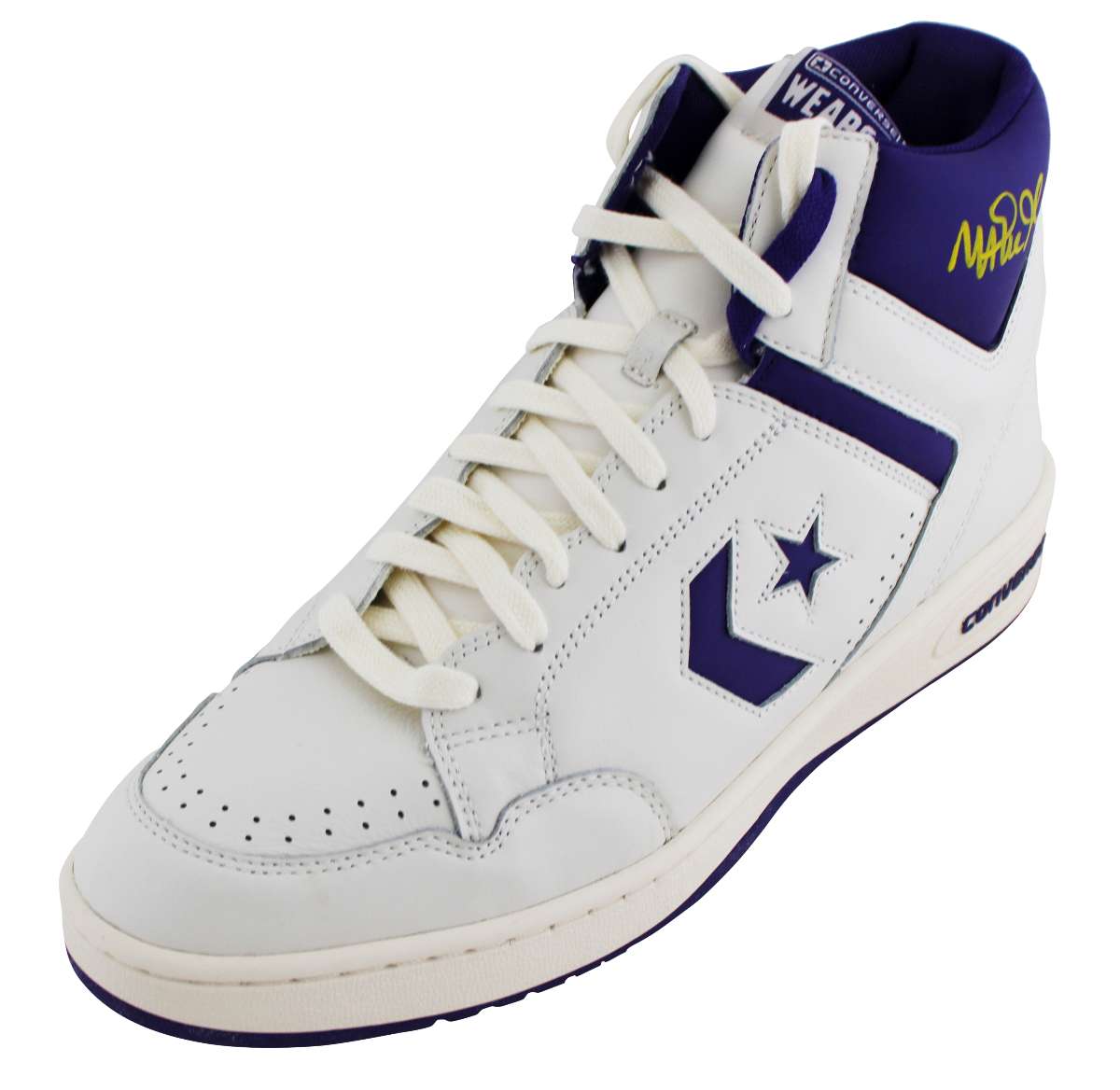 
Lakers Magic Johnson Signed Left Purple & White Converse Weapon Shoe BAS Wit 3