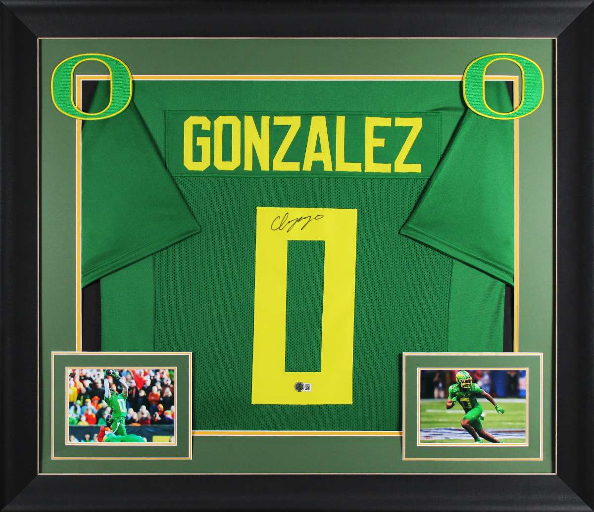 
Christian Gonzalez Authentic Signed Green Pro Style Framed Jersey BAS Witnessed