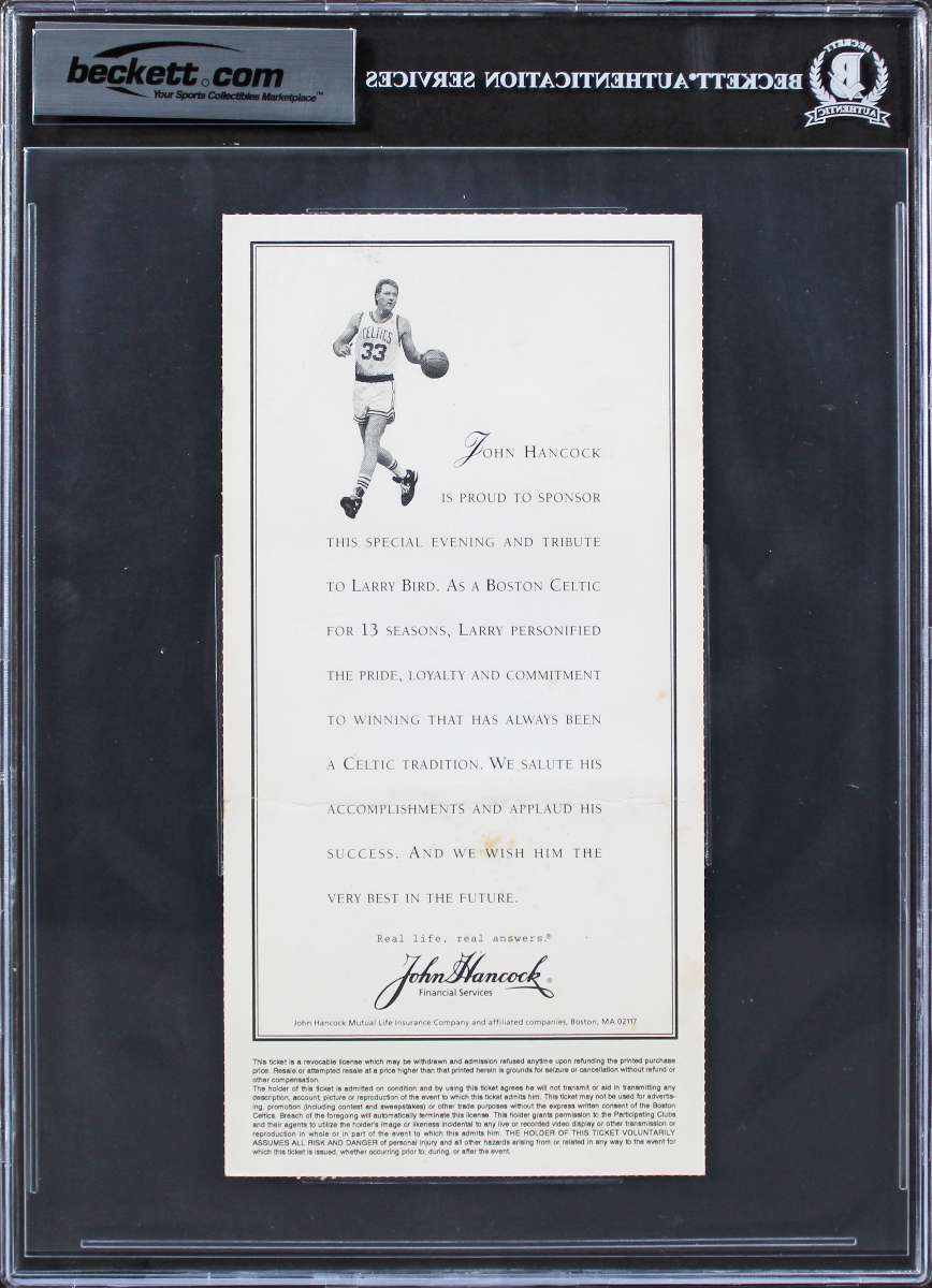 
Larry Bird & Magic Johnson Signed Larry Bird Night Ticket Stub Auto 10! BAS Slab