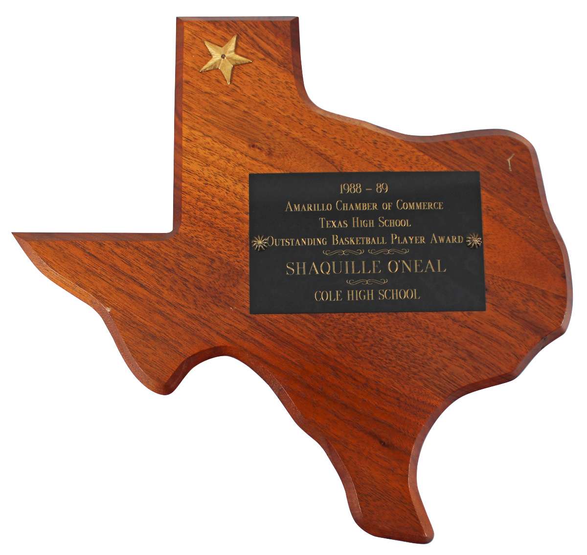 
Shaquille O'Neal 1989 Texas HS Outstanding Basketball Player Award Plaque BAS W