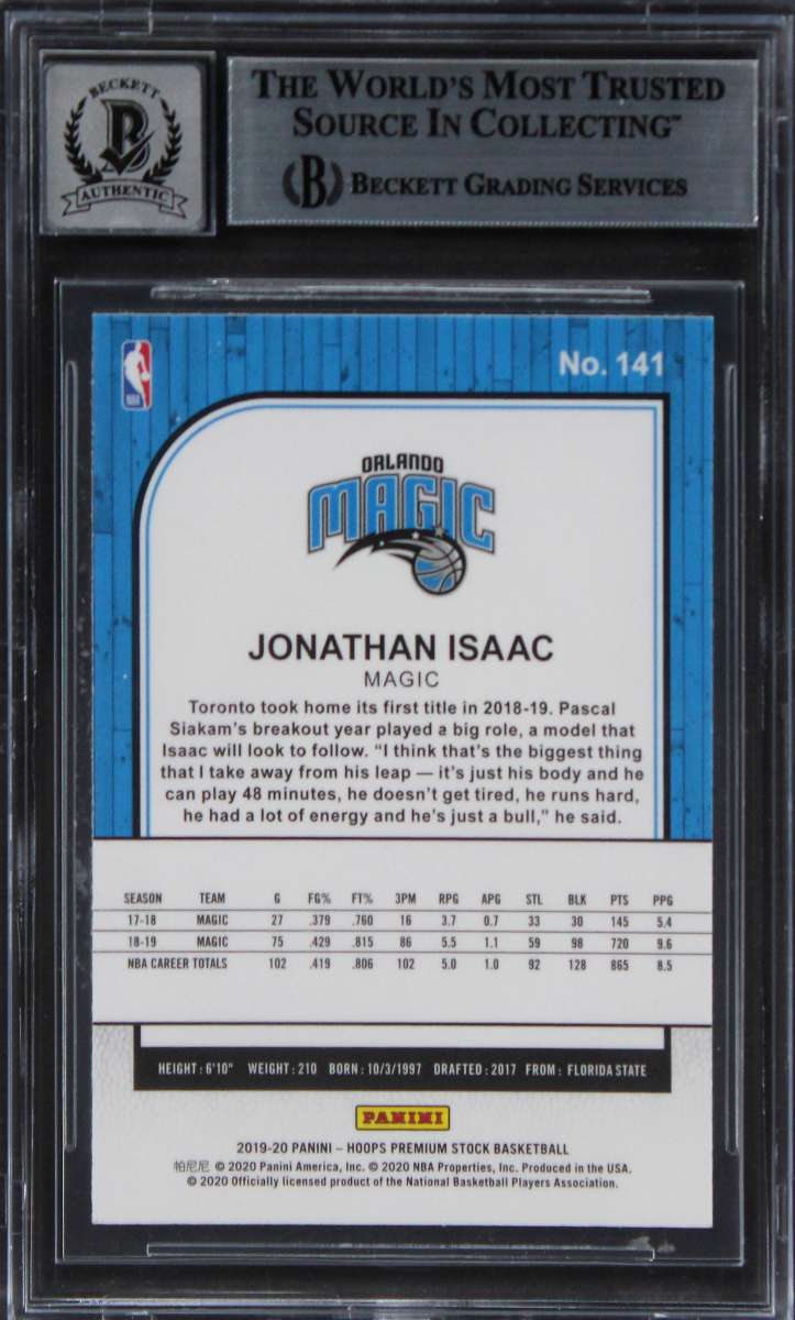 
Magic Jonathan Isaac Signed 2019 Hoops Premium Stock #141 Card Auto 10! BAS Slab