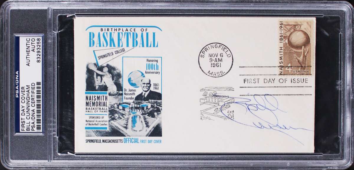 
Bill Cunningham Signed 3.75x6.5 Naismith HOF First Day Cover Postcard PSA Slab